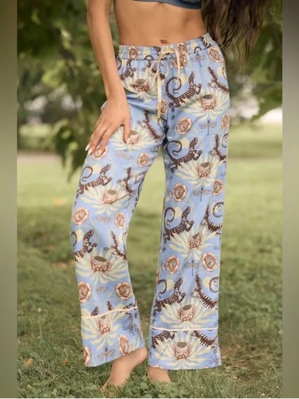 Anthropologie Victoria Garcia Blue Floral Flannel Pajama Sleep Pants Sz S